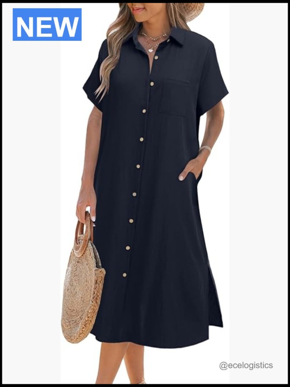 Casual Short Sleeve Button Down Shirt Dress Midi Beach Cover Up Pockets
